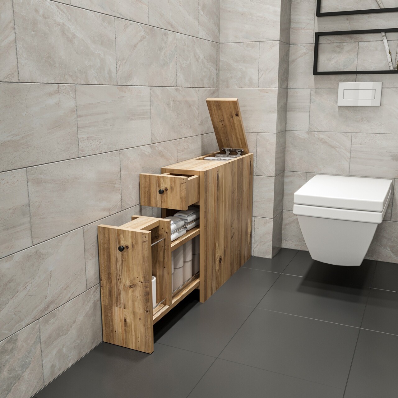 Dulap de baie cu sertar glisant Calencia, Kalune Design, 19x60x55 cm, natural - imagine 6
